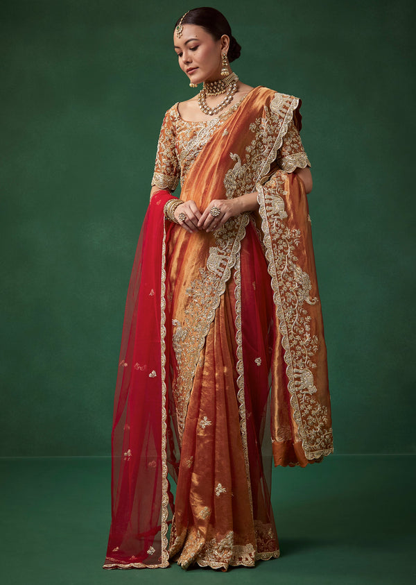Rust Bridal Silk Organza Saree with Unstitched Blouse