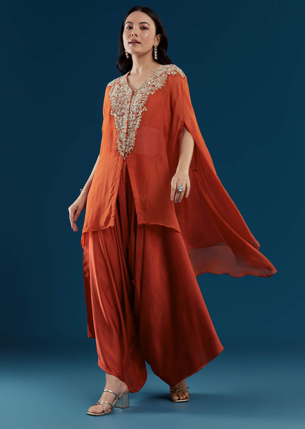 Rust Cape and Palazzo Set with Zardozi Work