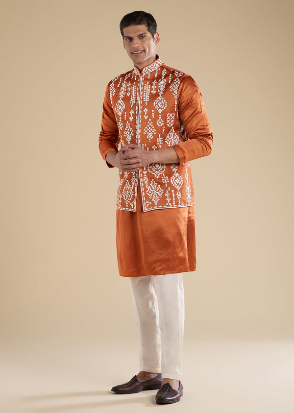 Rust Embroidered Silk Kurta Jacket Set
