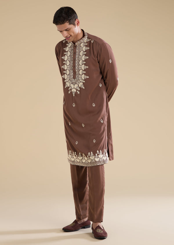 Rust Embroidered Silk Kurta Set
