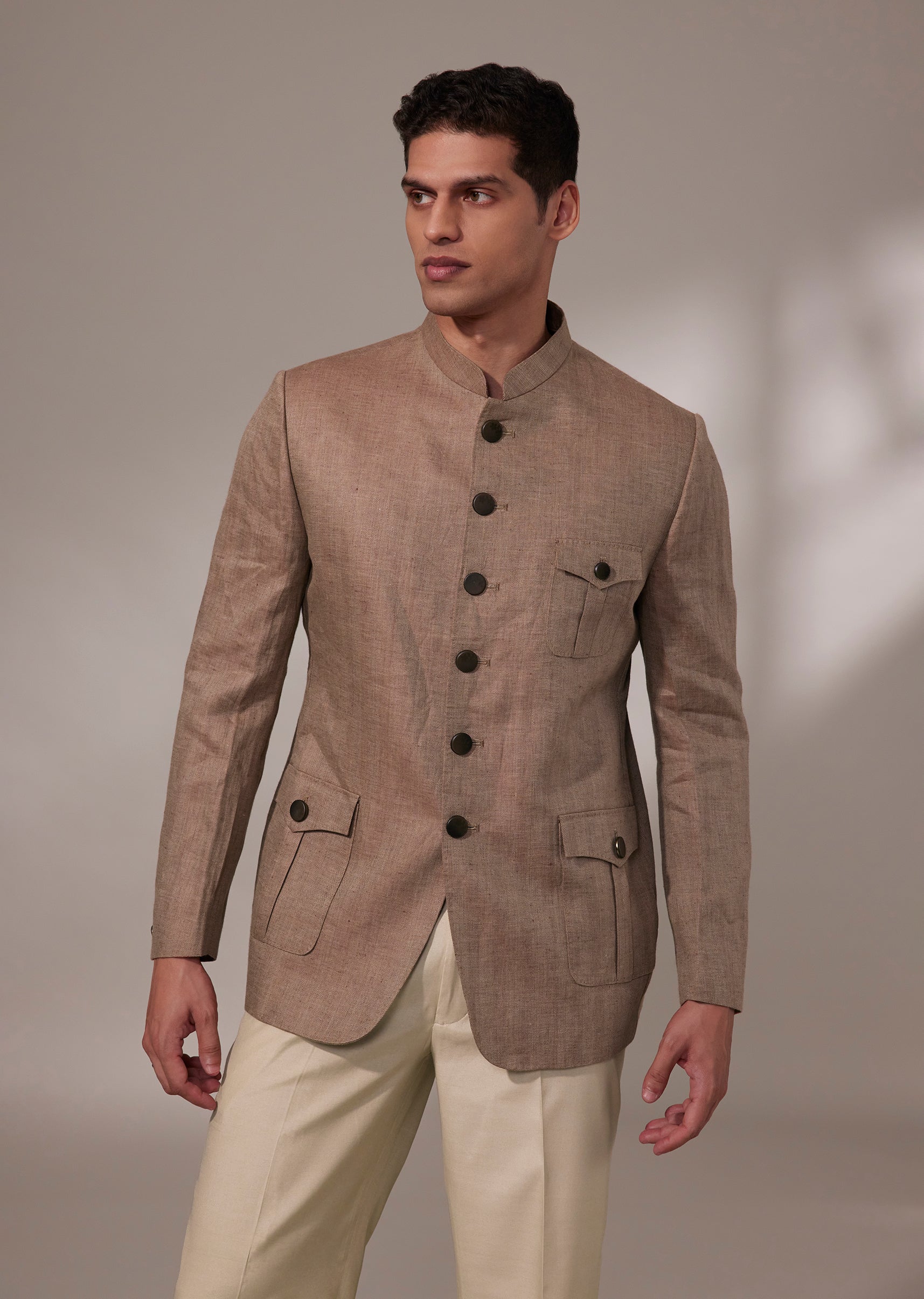 Rust Linen Textured Jodhpuri Set