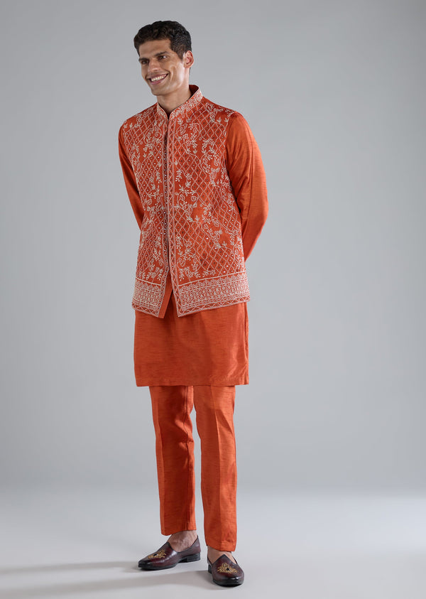 Rust Silk Kurta Jacket Set With Zari Mirror Work
