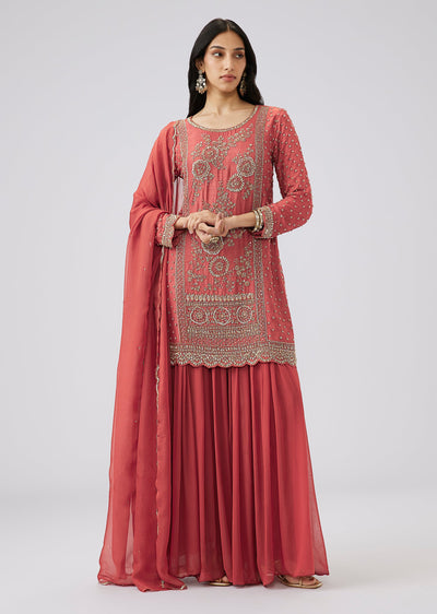 Rust Silk Sequinned Sharara Suit Set