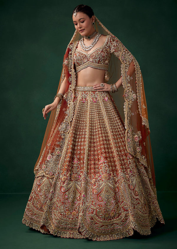 Rust Velvet Patchwork Bridal Lehenga Set with Two Dupattas