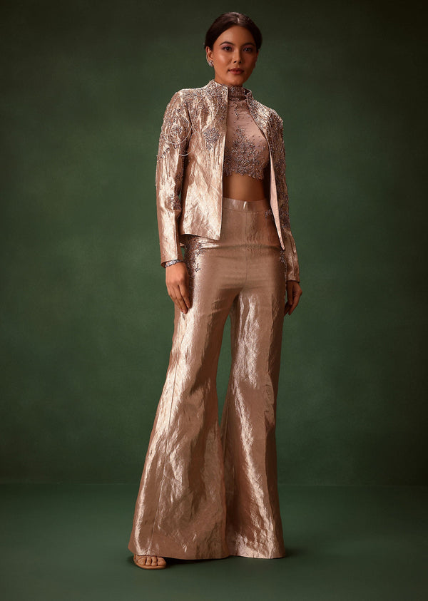 Rust Stretch Net Bell Bottom Set With Embroidered Blazer And Polo Neck Top