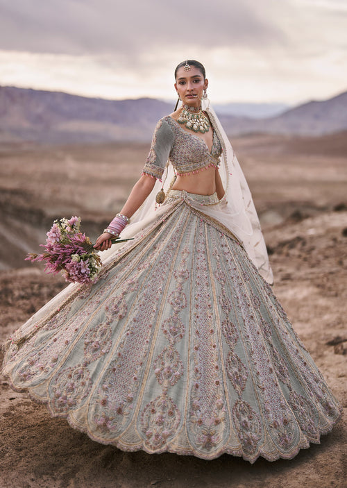 sage green indian wedding dress Buy Raw Silk Bridal Lehenga With Zardosi Embroidery LowStock:43666907365427