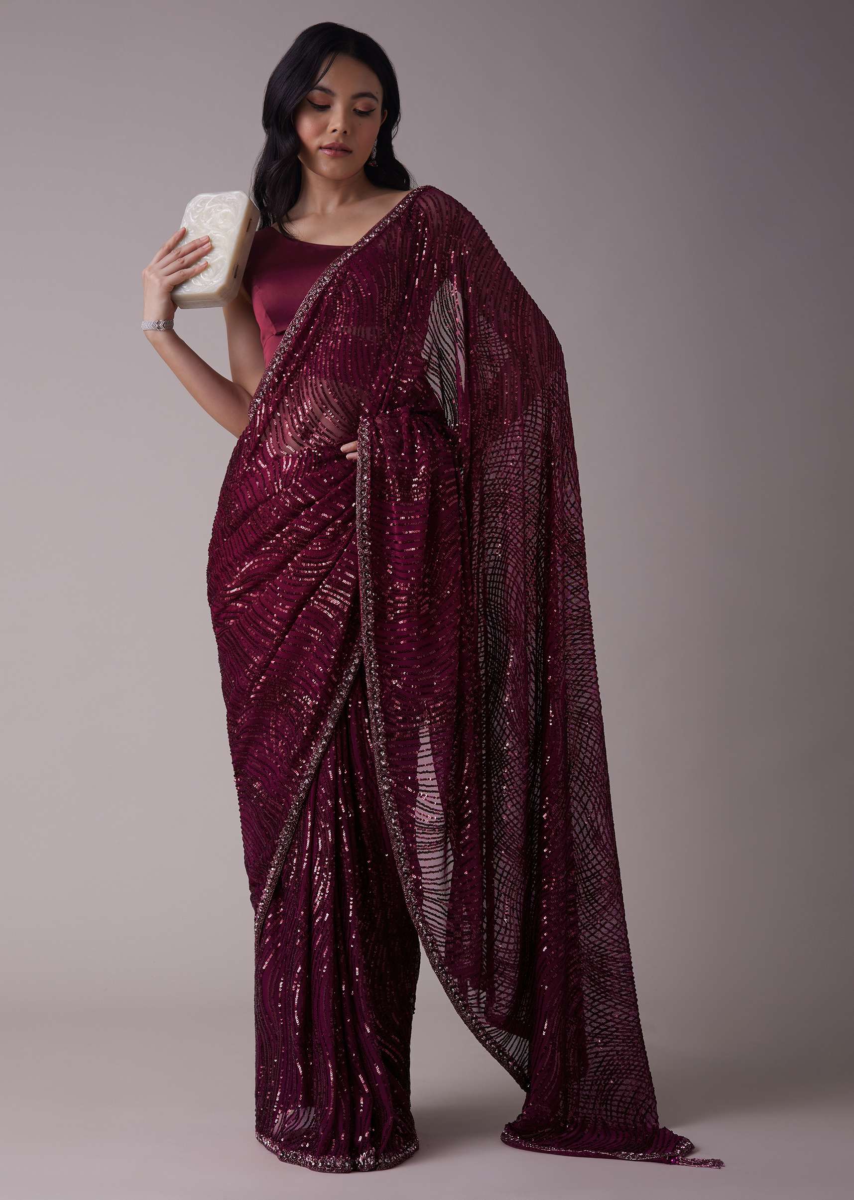 Buy Wine Sequins Saree With An Embellished Border | KALKI Fashion India ...