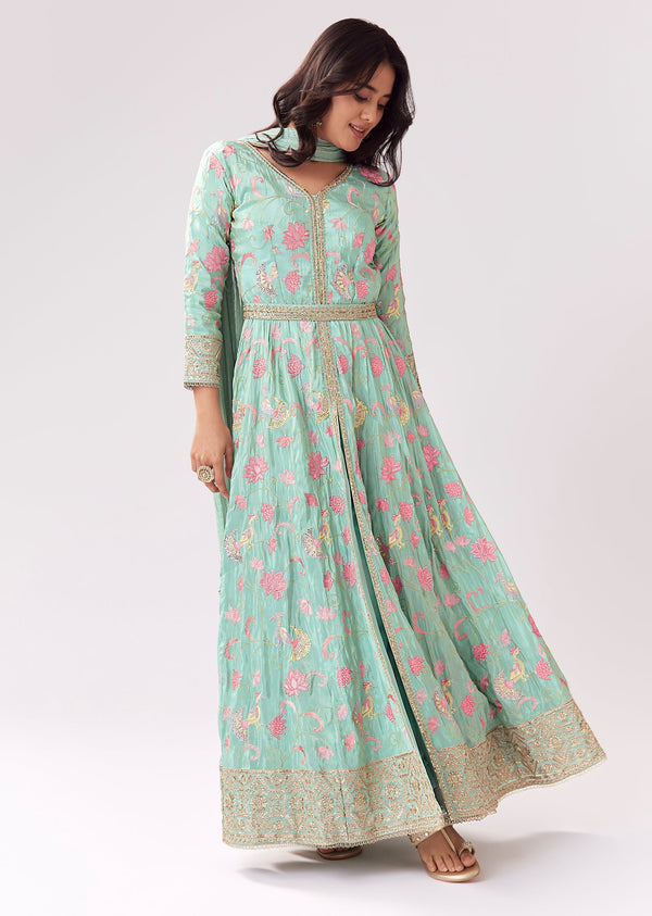 Sea Green Front Slit Anarkali With Parsi Work And Belt
