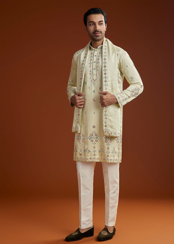Sea Green Mirrorwork Kurta Jacket Set With Dupatta