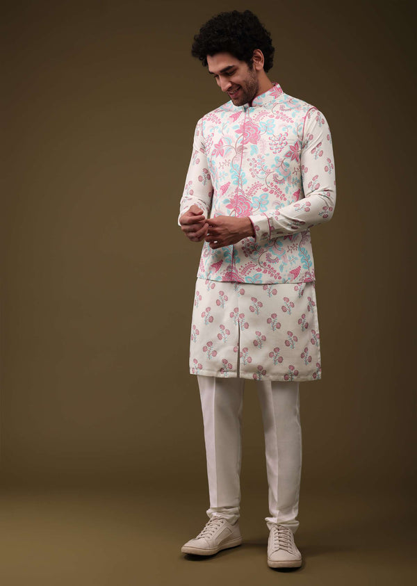 Multicolor Modern Floral Printed Jacket Kurta Set In Silk