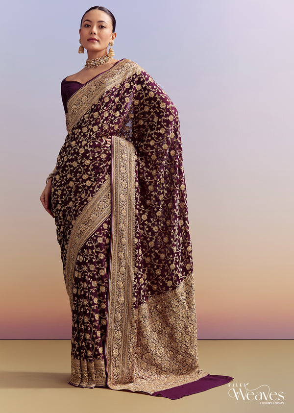 Wine Banarasi Silk Saree With Heavy Zari And Jaal Work