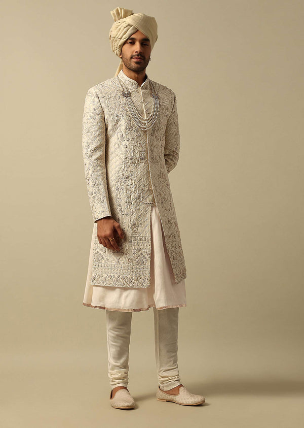 Opulent White Raw Silk Sherwani