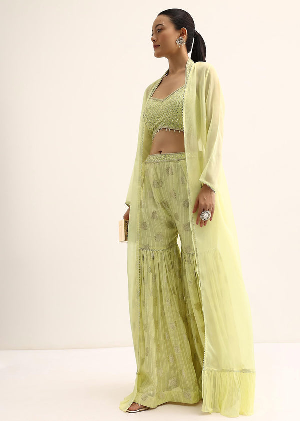 Yellow Mirror Crop Top With Jacket And Sharara
