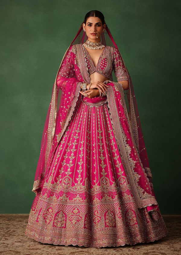 Rani Pink Hand Embroidered Lehenga With Blouse And Dupatta