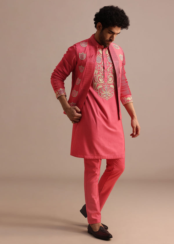 Dark Pink Embroidered Silk Kurta Jacket Set For Men