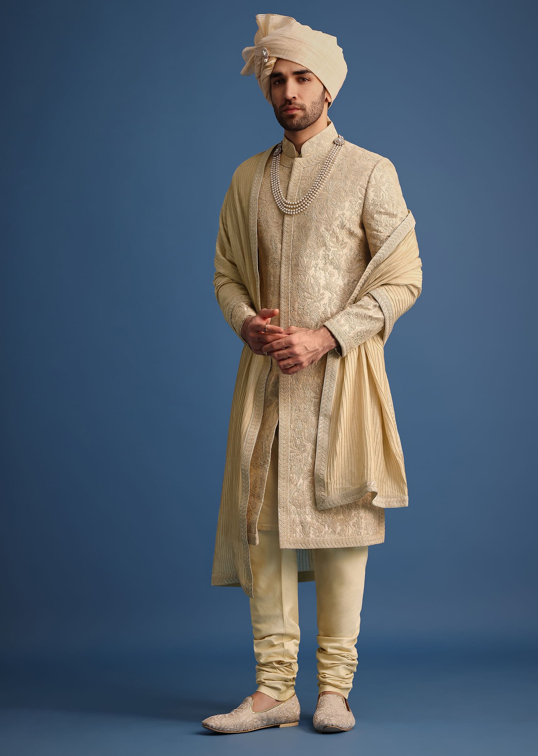 Gold Zari Embroidered Sherwani Suit With Mandarin Collar| KALKI Fashion ...
