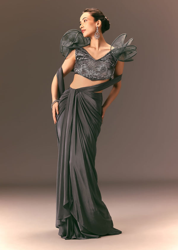 Metallic Pre Draped Saree With 3D Ruffle Blouse