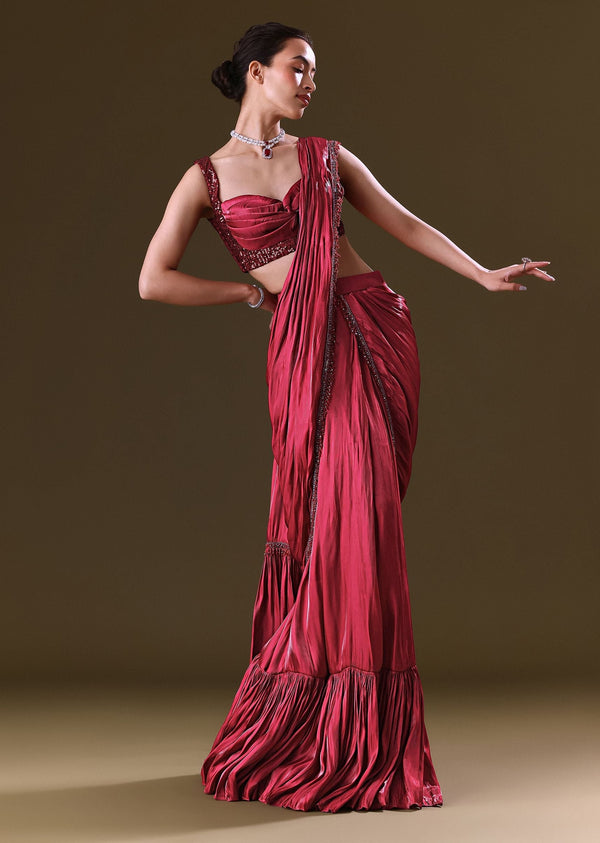 Scarlet Red Fancy Organza Pre Stitched Saree With Pre Pleated Blouse