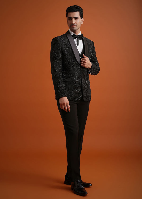Black Cutwork Stone Embellished Tuxedo Set