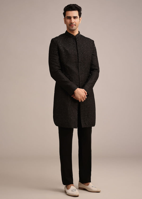 Black Silk Indo Western And Pant Set With Salli Work