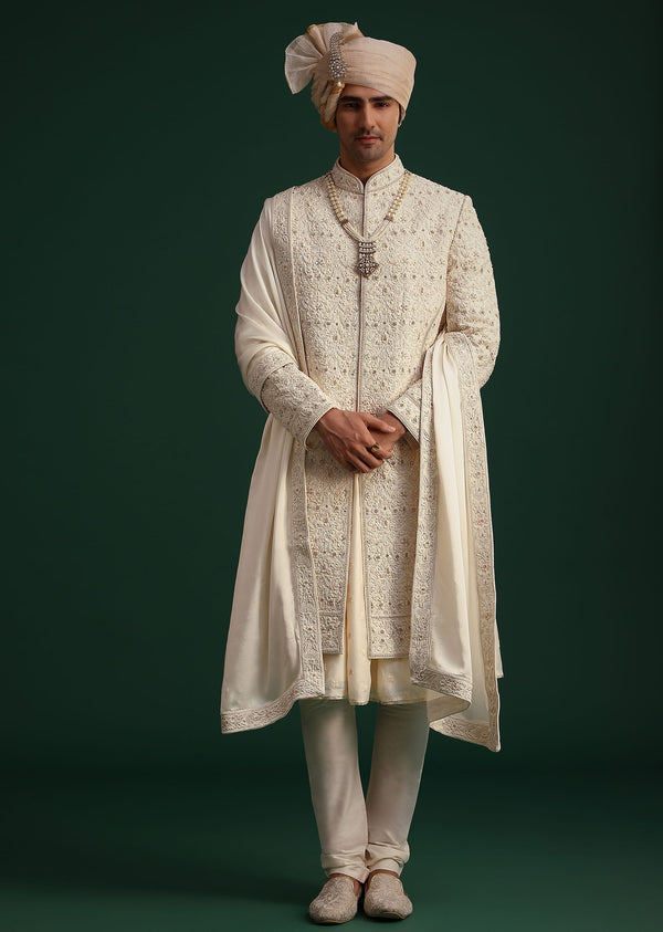 Gold Zari Embroidered Sherwani With Anarkali Kurta And Dupatta