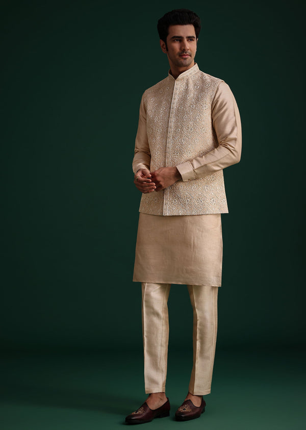 Beige Silk Kurta Set With Threadwork Jacket