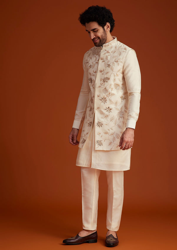 Ivory Floral Embroidered Jacket Kurta Set