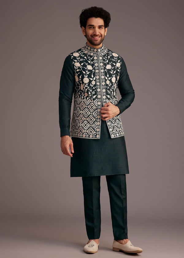 Black Floral Embroidered Jacket Kurta Set