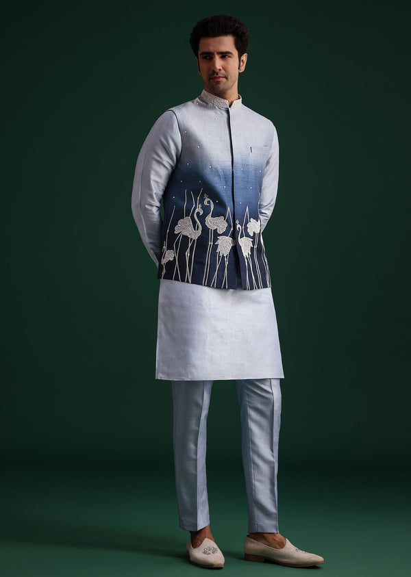 Blue Ombre Zardosi Work Jacket Set With Flamingo Motifs