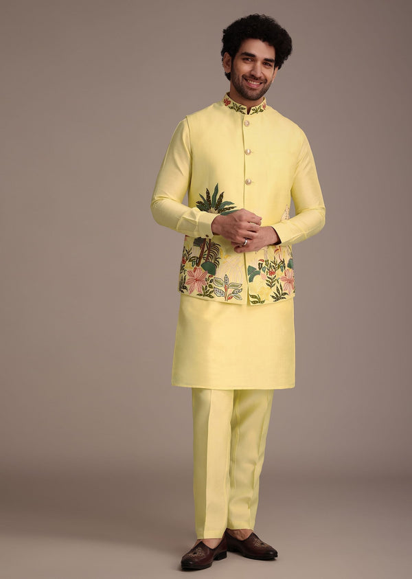 Lemon Yellow Silk Thread Work Kurta Jacket Set