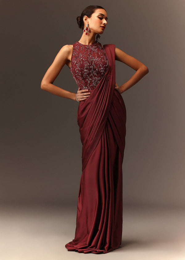 Masala Maroon Net Satin Draped Saree With Hand Embroidered Blouse
