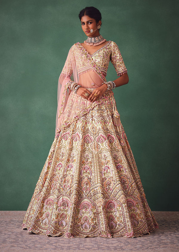 Off White Bridal Lehenga Blouse And Dupatta With Multi Colour Thread Work