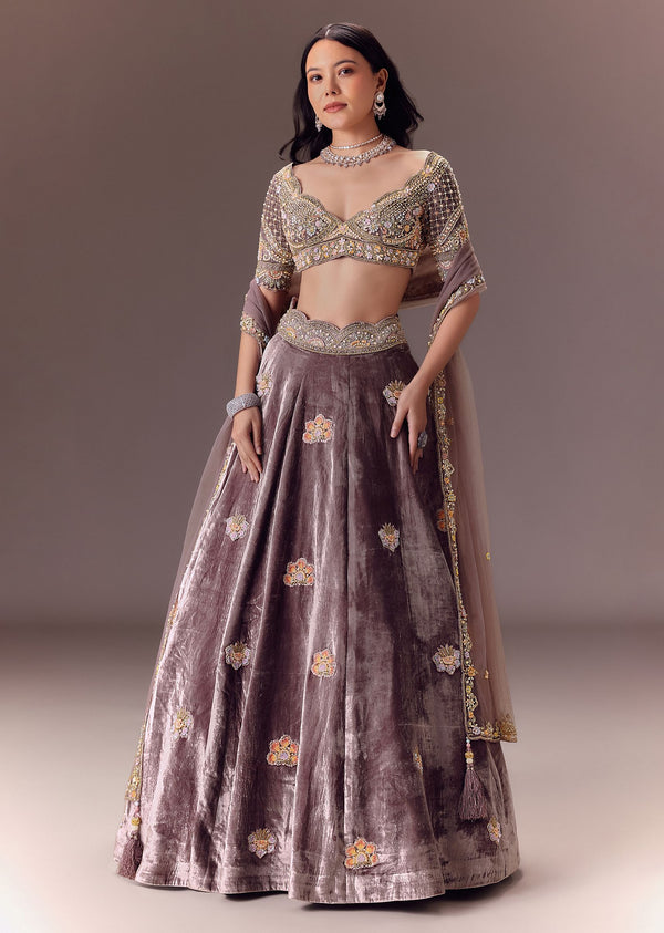 Purple Velvet Lehenga Set With Hand Work Patching