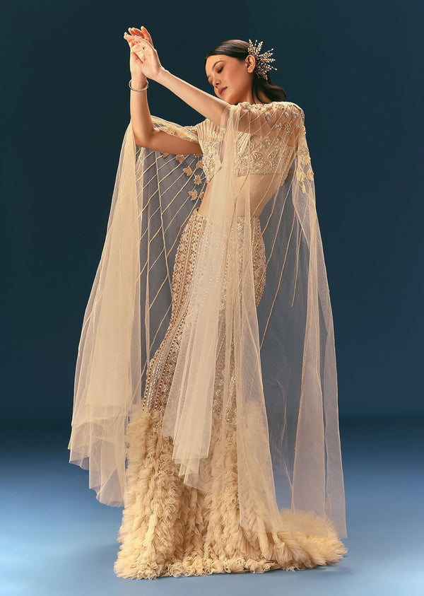 Gold Beige Mermaid Lehenga Set With Frills