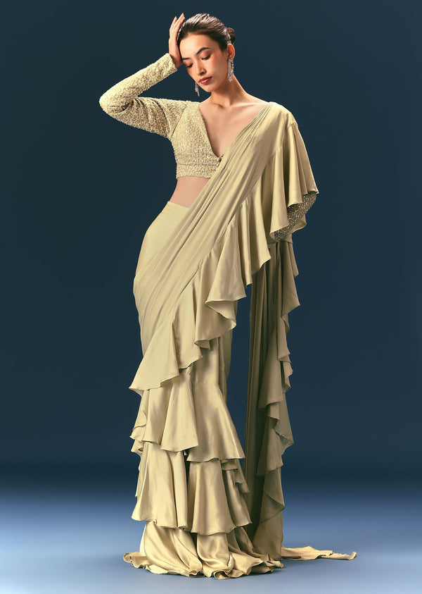 Green Frill Draped Saree With Embellished Blouse