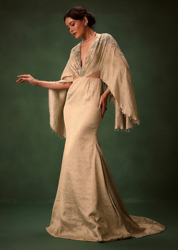 Golden Chiffon Silk Jacquard Kaftan