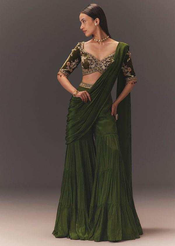 Seaweed Green Hand Embroidered Drape Pallu Style Sharara Set