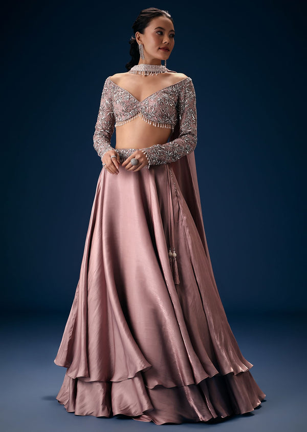 Onion Pink Embroidered Blouse With Lehenga And Choker Dupatta