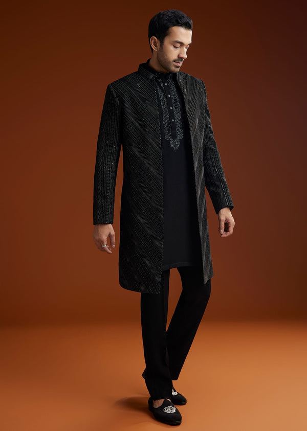 Black Velvet Open Indo Jacket Set With Cutdana Work