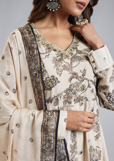 Beige Floral Printed Crepe Anarkali Set With Chinon Dupatta