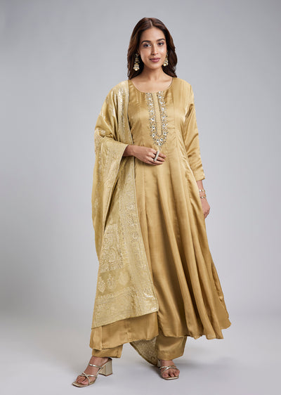 Gold Anarkali Suit With Mirror And Moti Embroidery And Jacquard Dupatta