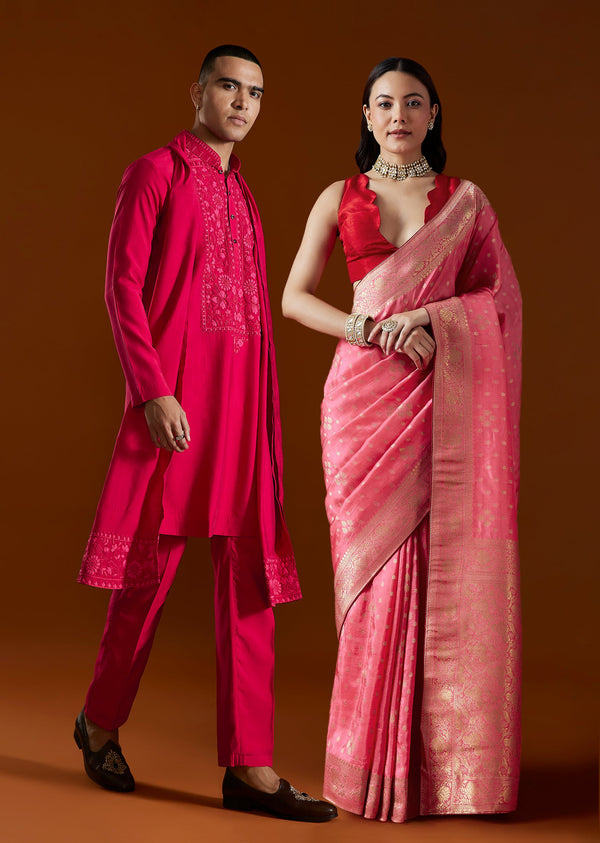 Blush Pink Harmony – Woven Saree For Her And Embroidered Kurta Set For Him