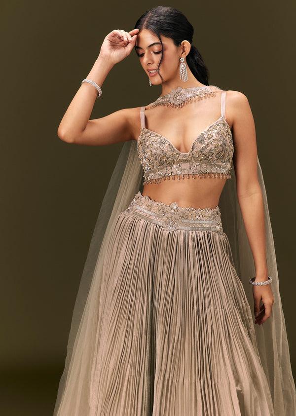 Gold Embroidered Sweetheart Neck Blouse With Lehenga And Choker Dupatta