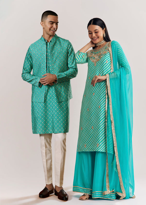 Aqua Festive Duo – Leheriya Suit For Her And Jacket Kurta Set For Him