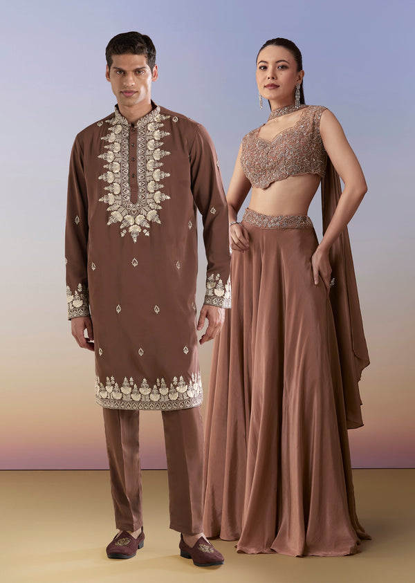 Earthy Elegance Couple Set – Brown Embellished Crop Top And Pant Set for Her And Rust Embroidered Silk Kurta Set for Him