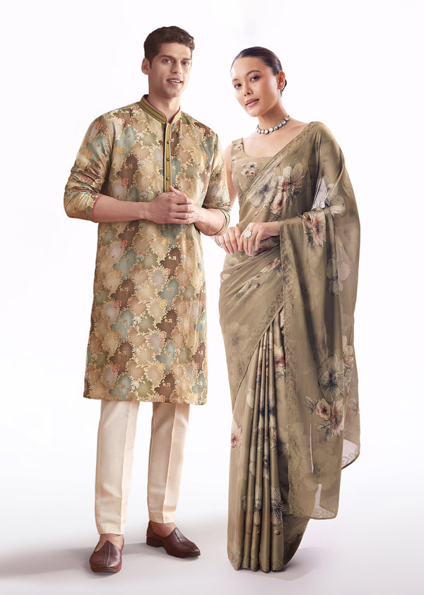 Earthy Brown Pair – Satin Saree For Her And Banarasi Kurta Set For Him