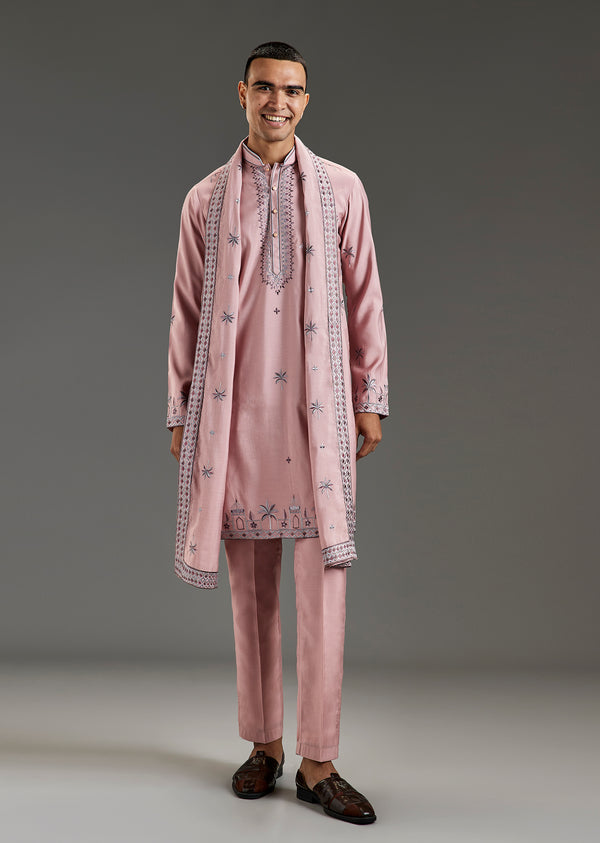 Onion Pink Kurta Set For Men With Thread Work
