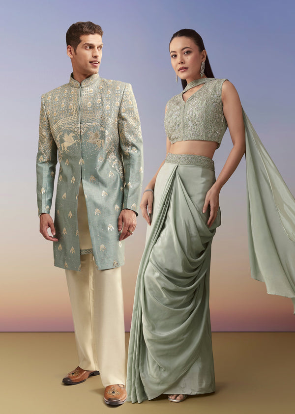 Mehendi Green Festive Duo – Crop Top Skirt Set For Her And Raw Silk Indo Western For Him