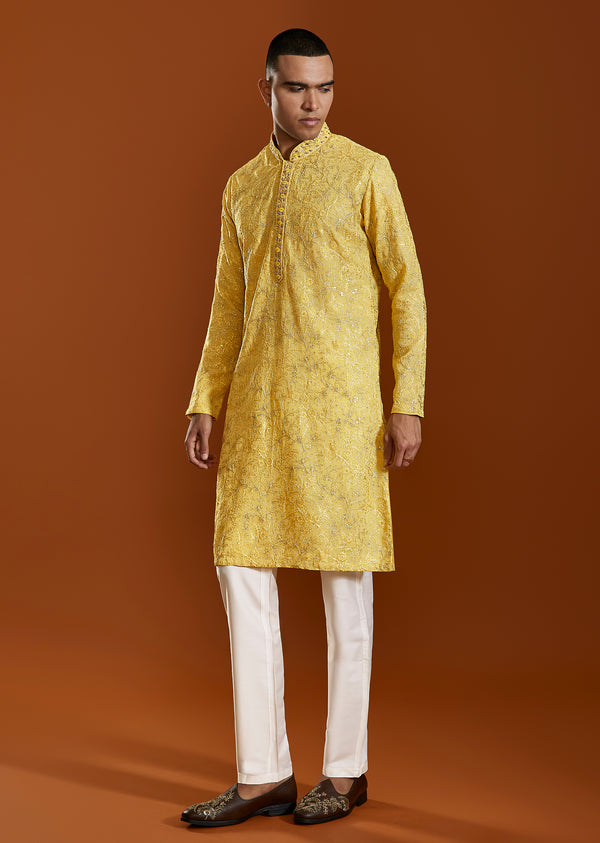 Yellow Tissue Resham Embroidered Kurta Set With Cutdana Beads