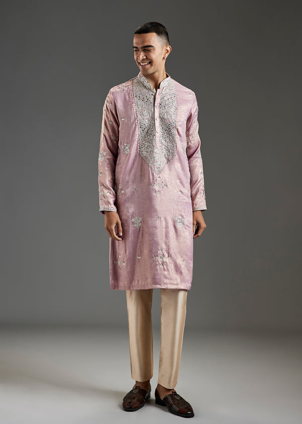 Onion Pink Tissue Kurta Set With All Over Embroidery